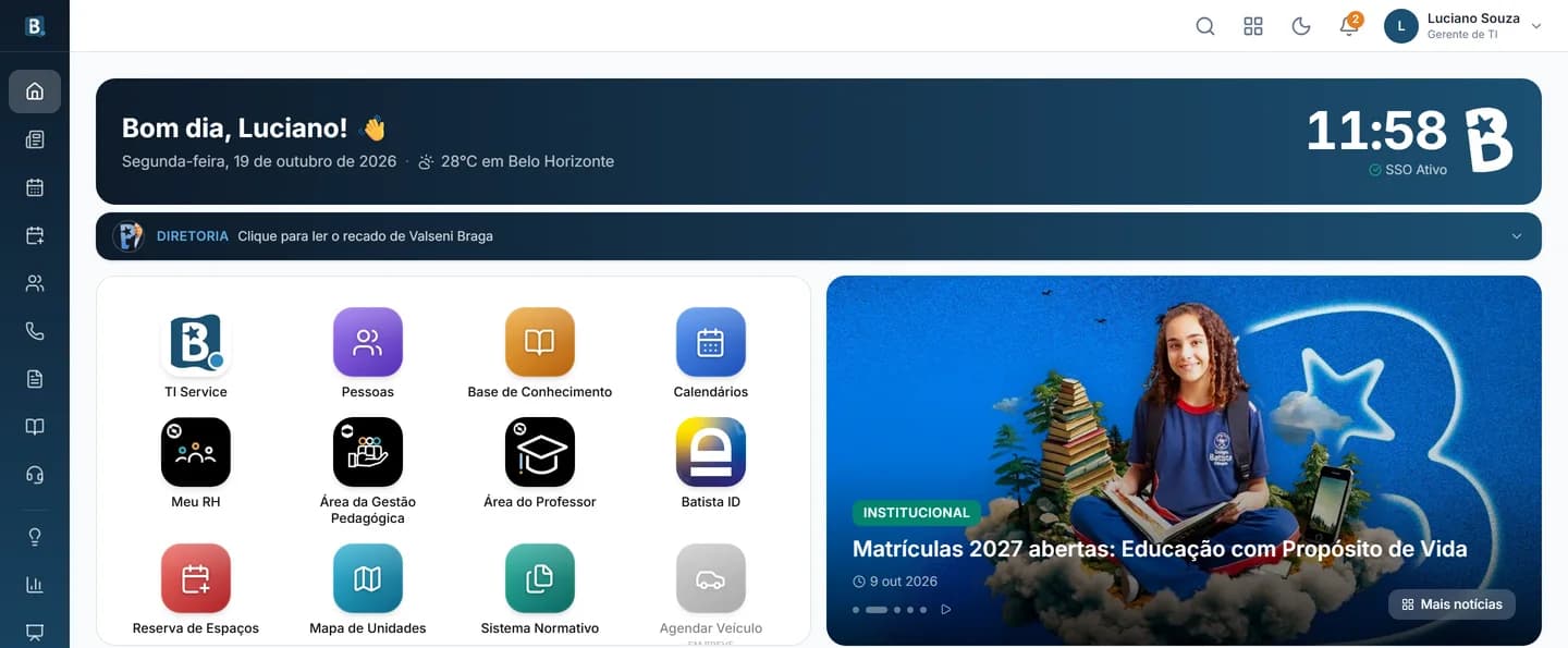 Página inicial da intranet com a saudação, os links rápidos e a notícia em destaque