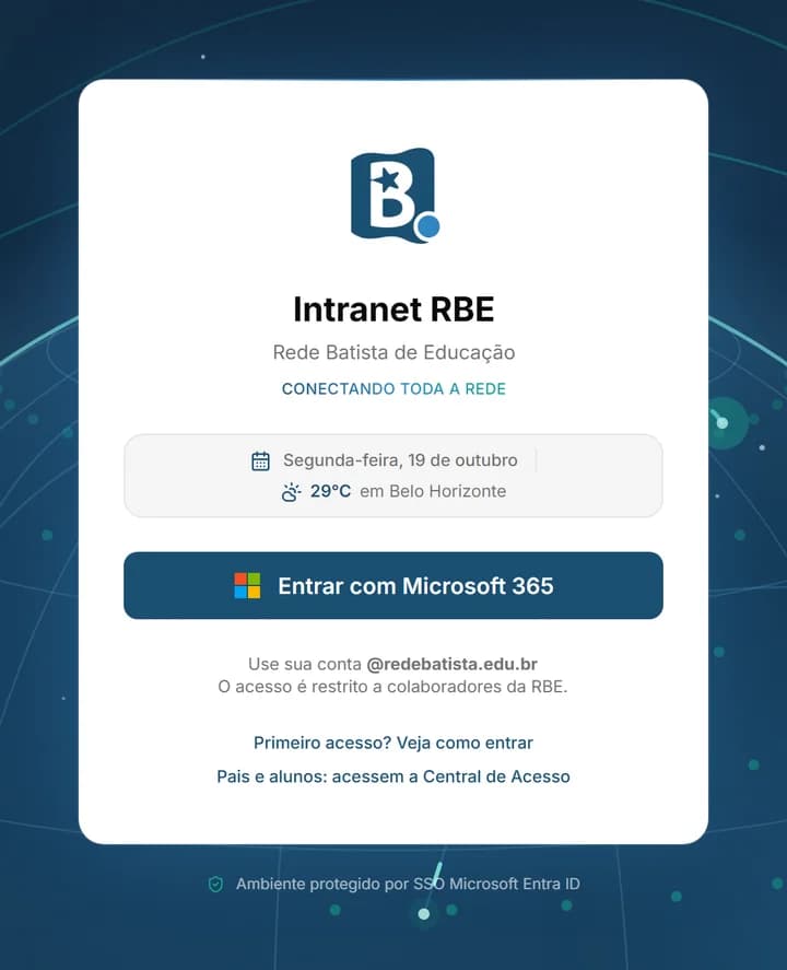 Tela de entrada da Intranet RBE com o botão Entrar com Microsoft 365